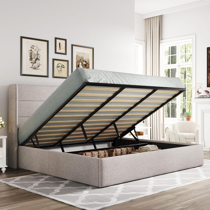 Photo 1 of  the art of living King Size Lift Up Storage Bed, Modern Wingback Headboard, Hydraulic Support, No Box Spring Needed, Light Beige
