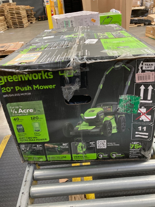 Photo 1 of Greenworks 40V 20" Brushless Push Mower, 4.0Ah Battery (Aluminum Handles + Light)