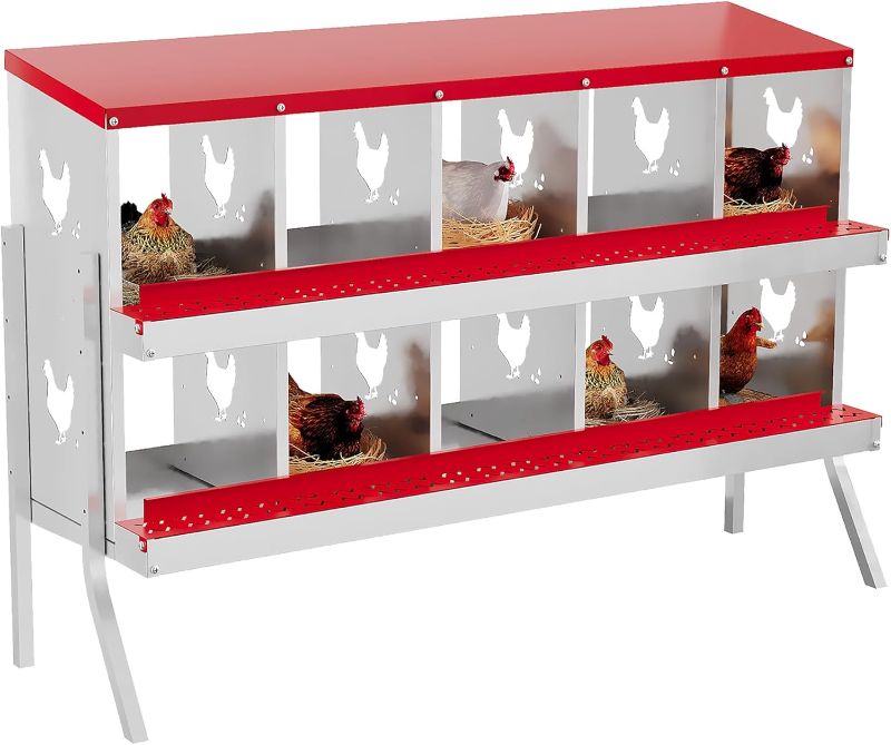 Photo 1 of 10 Hole Chicken Nesting Box - Galvanized Steel Roll Out Egg Collection with Vented Design | Rustproof Laying Boxes for Hens | Poultry Coop Accessories for Egg Layers, Red with Stand