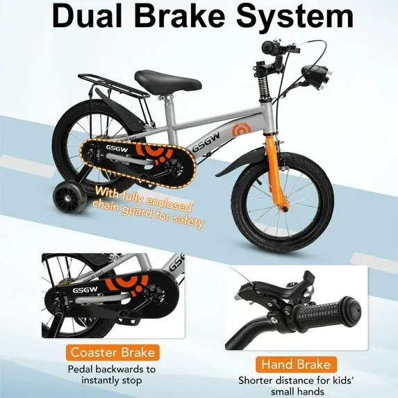 Photo 1 of 16" Kids Bike with Training Wheels, Height Adjustable Kids Bicycle with Headlight/Inflator//Protective Gears, Christmas Birthday New Year Xmas Gifts for Girls Boys Toddlers Kids 3 to 8 Years Old
