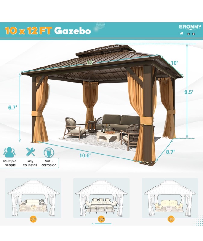 Photo 1 of ***PARTS ONLY***
EROMMY 10' x 12' Hardtop Gazebo, Aluminum Frame Gazebos with Galvanized Steel Double Roof, Permanent Outdoor Metal Pavilion with Curtain and Netting for Patio, Lawn, Deck