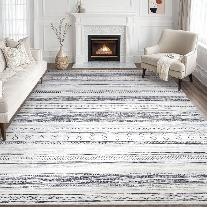 Photo 1 of 10x14 Area Rug Living Room Rugs - Washable Large Soft Neutral Boho Moroccan Bohemian Farmhouse Rug Indoor Floor Carpet for Bedroom Under Dining Table Home Office Decor - Light Grey