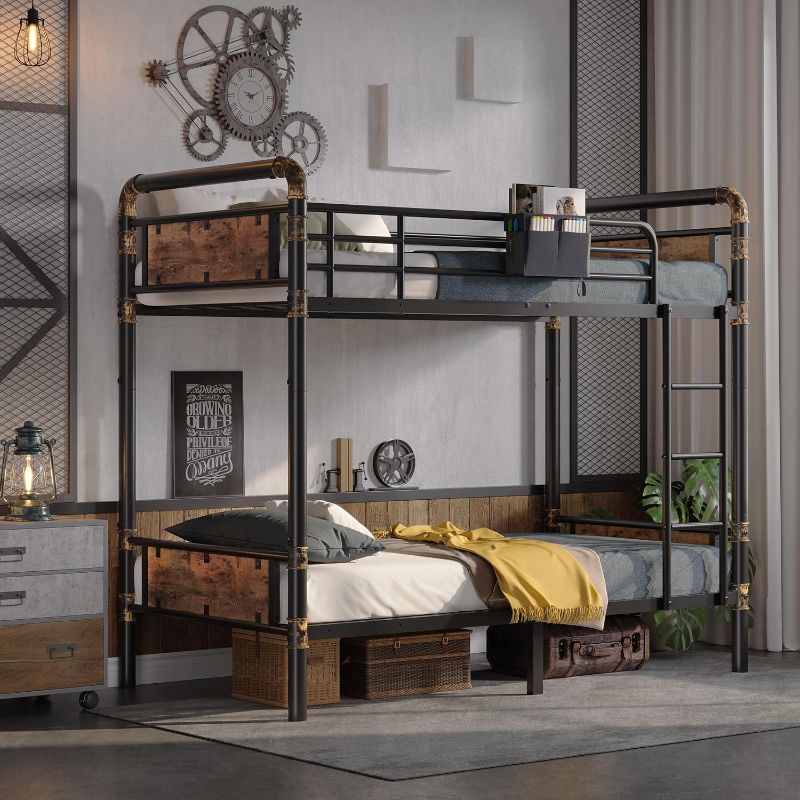 Photo 1 of 2 IN 1 Metal Bunk Bed Twin Over Twin, Convertible Twin Bunk Beds into 2 Individual Twin Size Bed for Kids Adults, 14.8" High Guard Rail,Space-Saving No Box Spring Needed Easy Assembly (Vintage Brown)