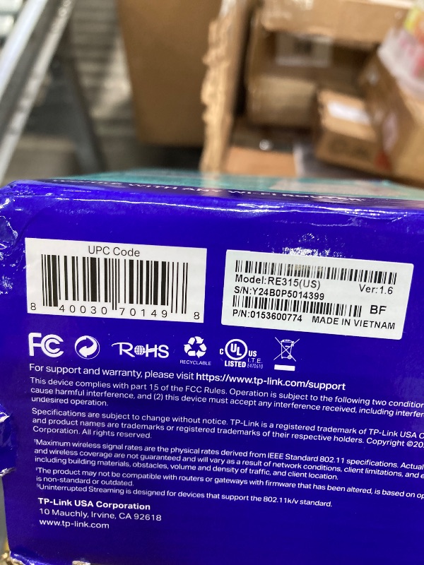 Photo 1 of TP-Link AC1200 WiFi Extender, 2025 Wirecutter Best WiFi Extender, 1.2Gbps home signal booster, Dual Band 5GHz/2.4GHz, Up to 1600 Sq.ft and 32 Devices, EasyMesh Compatible, One Ethernet Port (RE315)https://www.tp-link.com/products/details/?model=RE315_V1