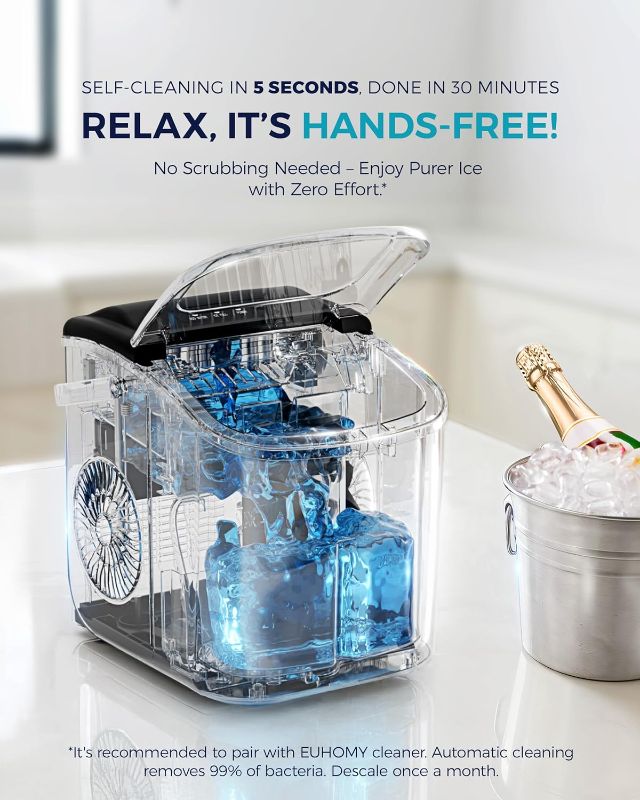 Photo 1 of EUHOMY Countertop Ice Maker Machine with Handle, 26lbs in 24Hrs, 9 Ice Cubes Ready in 6 Mins, Auto-Cleaning Portable Ice Maker with Basket and Scoop, for Home/Kitchen/Camping/RV. (Black)
