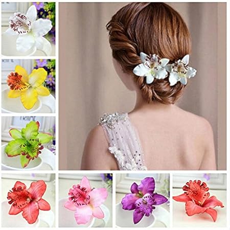 Photo 1 of 10 Pieces Women Chiffon Flowers Hair Clips Butterfly Orchid Alligator Clips for Bridal Wedding Accessory Beach Party Wedding Event Decor
