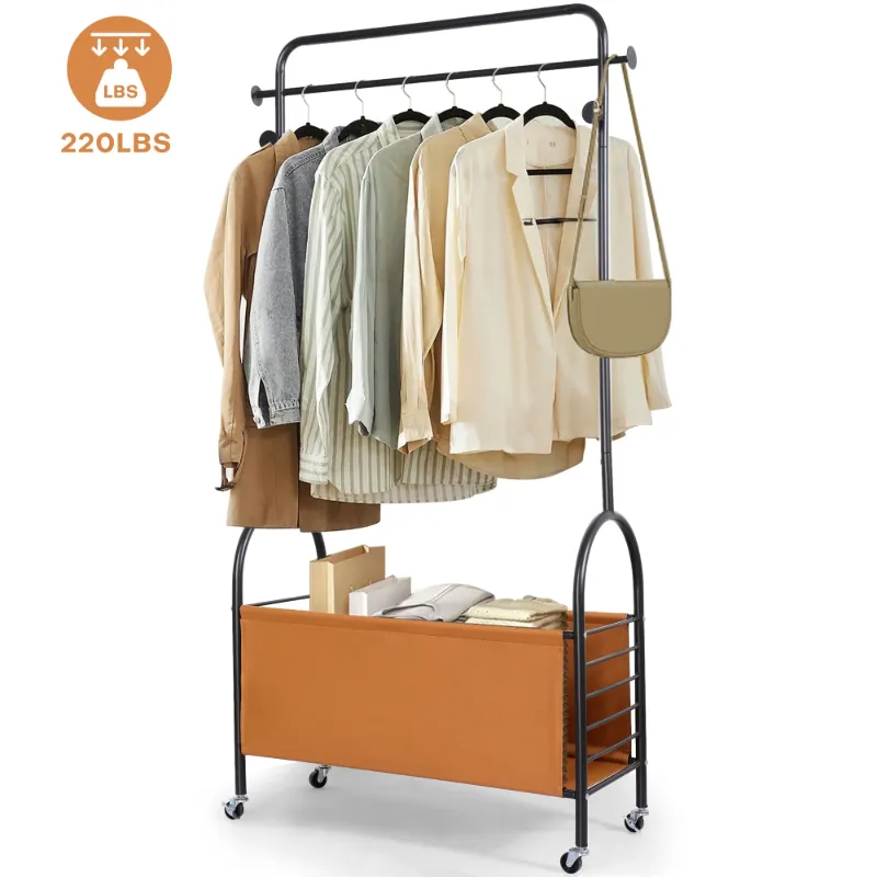 Photo 1 of 220LBS Heavy Duty Clothes Rack Thick Garment Rack 360° Rotate Rolling Clothing Rack Coat Rack W/ Wheel Brakes Leather Storage Basket Shelf for Home Hanging
