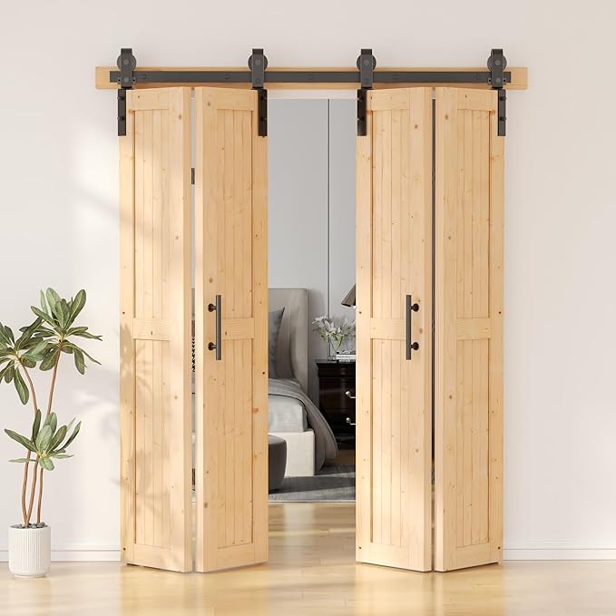 Photo 1 of *ONLY 1 SET OF DOORS* SKYSEN 68" X 84" Bifold Barn Door with 72" Bifold Barn Door Hardware Kit, Including Handle and Pulls, Unfinished Solid Spruce Wood Panel, Pre-Drilled and Assembled(68 * 84-72-fold)
