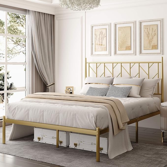Photo 1 of *MISSING HARDWARE AND INSTRUCTIONS* Allewie Queen Size Platform Bed Frame with Vintage Headboard, 14 Inches Metal Mattress Foundation for Storage, No Box Spring Needed, Easy Assembly, Modern, Gold