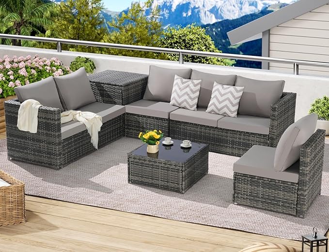 Photo 1 of **SELLING FOR PARTS AS PARTIAL SET. **KEIKI 6Pcs Outdoor Patio Sectional Couch Sofa Conversation Furniture Sets with Chair, Storage Corner Cabinet, Glass Top Coffee Table & Cushion, Wicker Woven Seating for Backyard Lawn