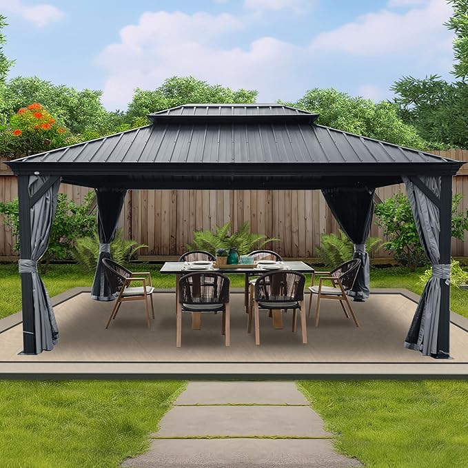 Photo 1 of *FULL SET A-F Kozyard Alexander 12' X 16' Hardtop Permanent Aluminum Metal Gazebo with Galvanized Steel Double Roof Canopy, Curtain and Netting Pavilion for Patio, Backyard, Deck, Lawn (Gray)