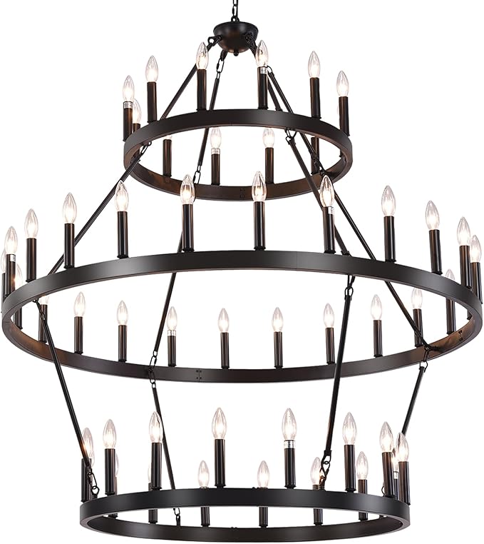 Photo 1 of 3 Tier Black Wagon Wheel Chandelier 52-Lights 48 Inch Extra Large Round Farmhouse Light Fixture for High Ceilings, Living Room Dining Room Kitchen Island Foyer Entryway - UL Liste