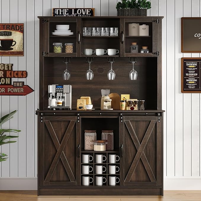 Photo 1 of *PICTURE AS REFERENCE , CHECK OTHER PHOTOS 4ever2buy 72" Farmhouse Coffee Bar Cabinet with 2 Glass Doors & 9 Wine Racks, Tall Hutch Cabinet with Storage, Wine Bar with 4 Row Metal Glass Holder, Dark Oak