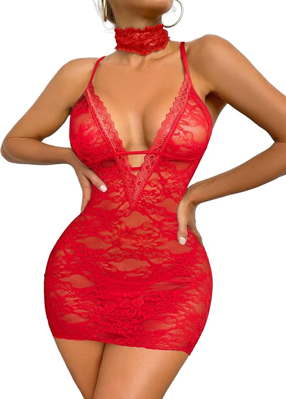 Photo 1 of Avidlove Women Babydoll Lingerie Lace Chemise Halter Nightwear Teddy Dress Red