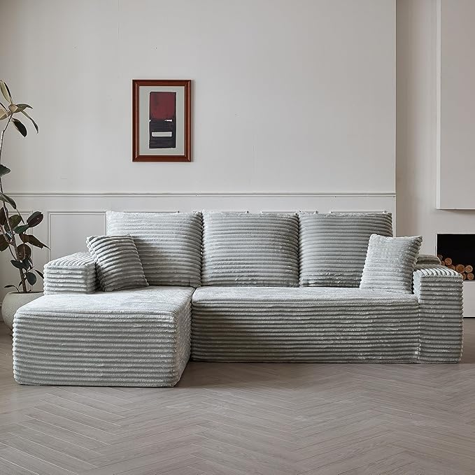 Photo 1 of *PHOTO FOR REFERENCE Minimalist Compressed Boneless Sofa, Fluffy Corduroy Cloud Sectional Couch, L Shape Sofa for Living Room, No Assembly Required Tan