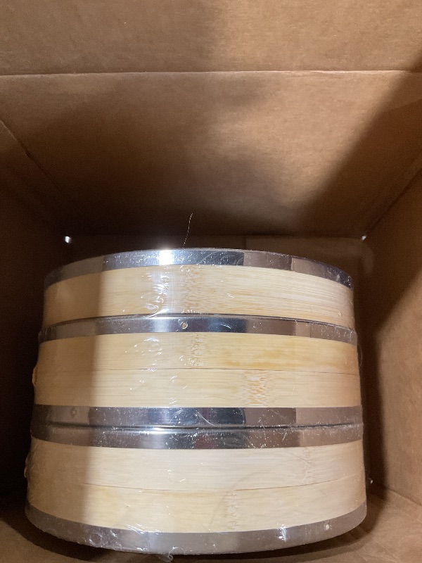 Photo 1 of ***POSSIBLY FOR PARTS/ UNTESTED ***** Juvale 2-Tier Steamer Pot Insert with Steel Rings - 10" x 6.5", Beige - Bamboo & Steel Stackable Basket for Rice & Dumpling Steamer for Vegetables