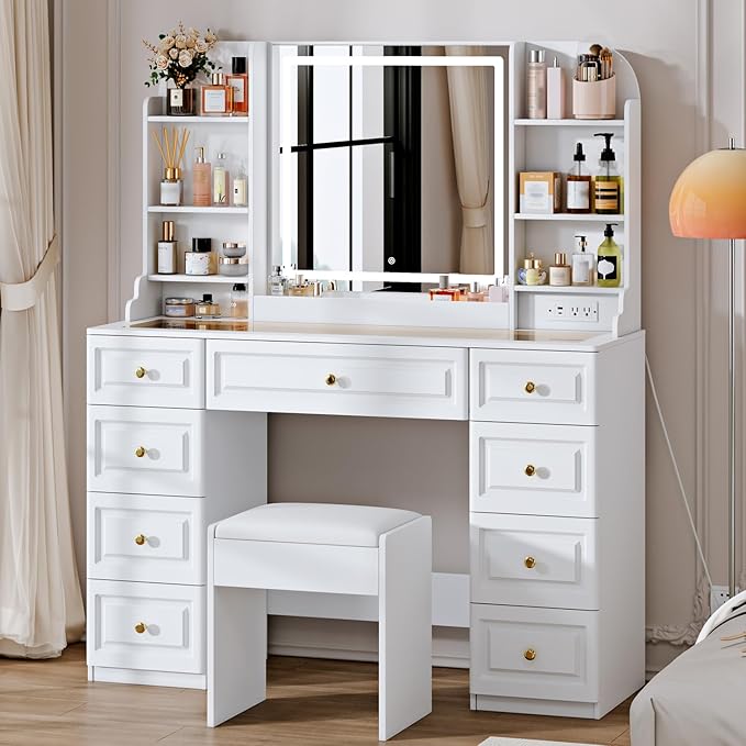 Photo 1 of **MAJOR DAMAGE TO MIRROR. SELLING FOR PARTS AS PARTIAL SET **42" Makeup Vanity Desk with Mirror and Lights, & Power Outl, Glass Top Big Vanity Table with 9 Drawers& 8 Storage Shelves, Dressing Table Set with Chair for Bedroom, White