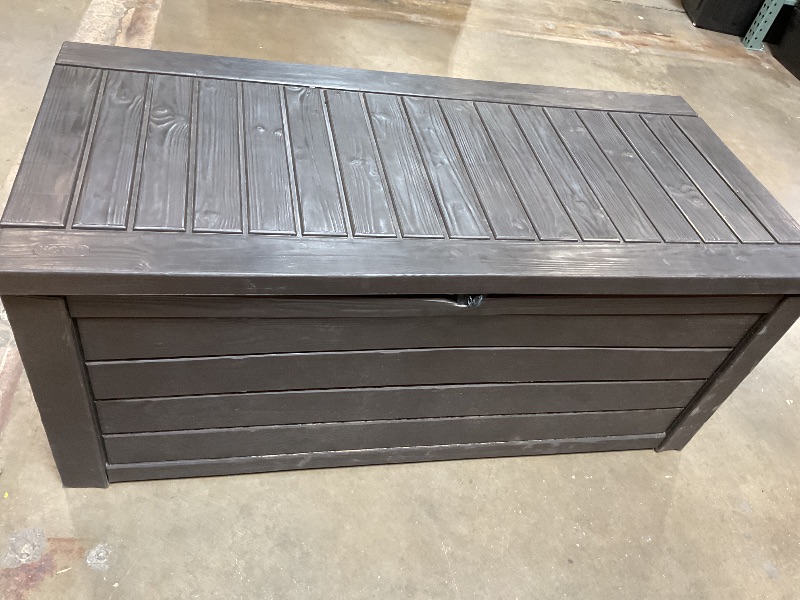 Photo 1 of Keter Outdoor Storage Deck Box, 150 Gallon Resin Patio Bin & Bench, Wood Grain, Brown