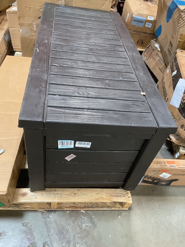 Photo 1 of Keter Outdoor Storage Deck Box, 150 Gallon Resin Patio Bin & Bench, Wood Grain, Brown
