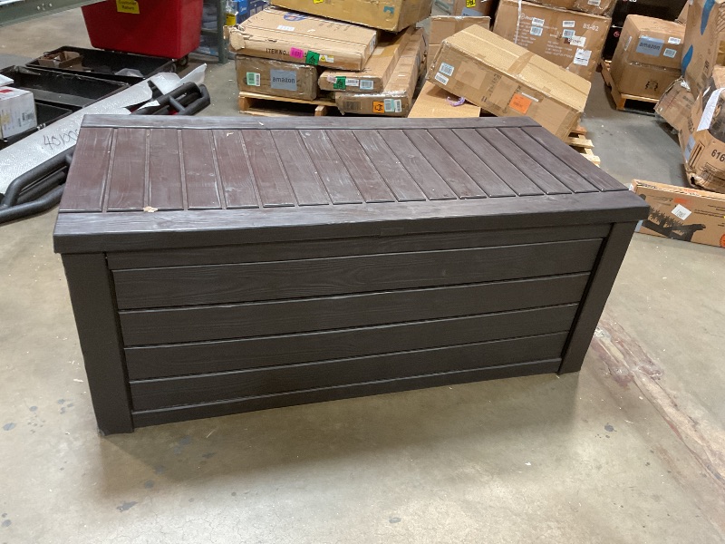 Photo 1 of Keter Outdoor Storage Deck Box, 150 Gallon Resin Patio Bin & Bench, Wood Grain, Brown