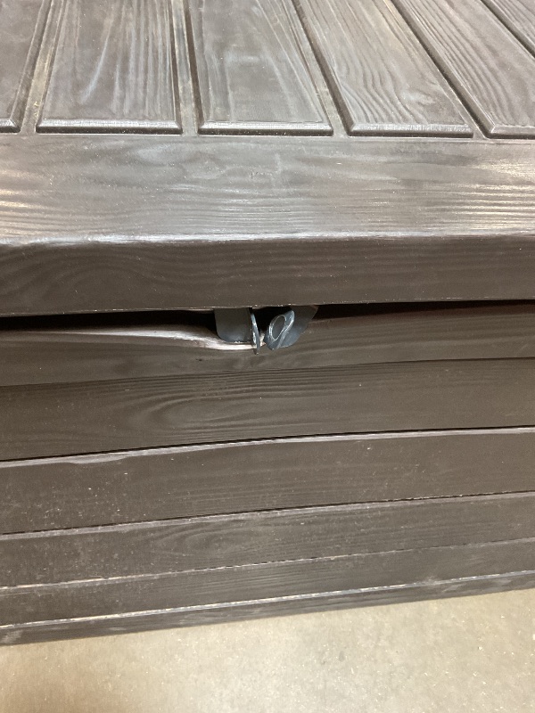 Photo 1 of Keter Outdoor Storage Deck Box, 150 Gallon Resin Patio Bin & Bench, Wood Grain, Brown