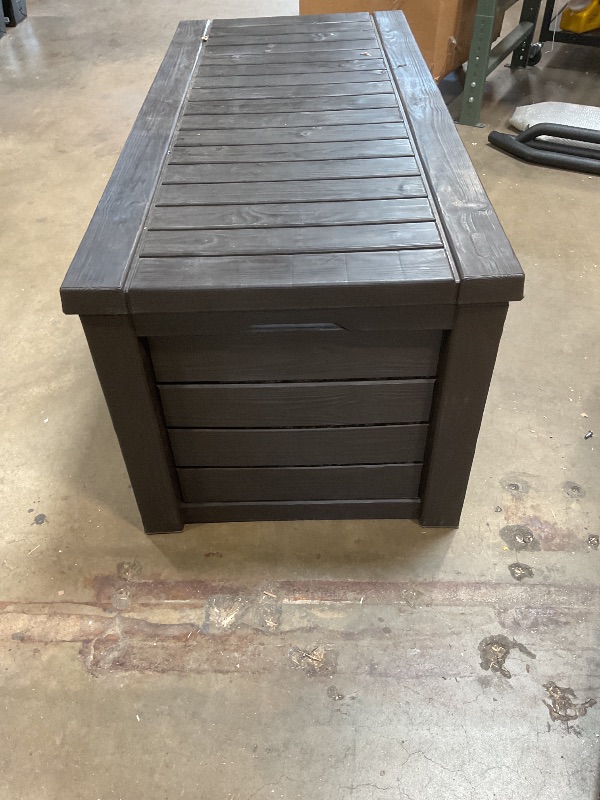 Photo 1 of Keter Outdoor Storage Deck Box, 150 Gallon Resin Patio Bin & Bench, Wood Grain, Brown