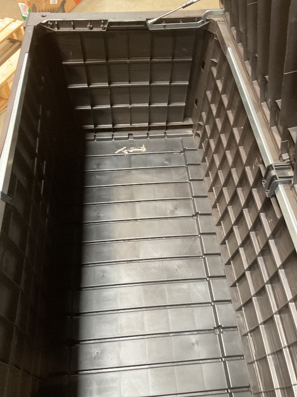 Photo 1 of Keter Outdoor Storage Deck Box, 150 Gallon Resin Patio Bin & Bench, Wood Grain, Brown