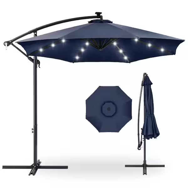 Photo 1 of 10 ft. Cantilever Solar LED Offset Patio Umbrella with Adjustable Tilt in Navy Blue