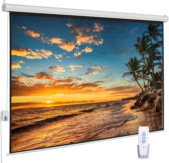Photo 1 of 100 Inch Motorized Projector Screen - 16:9 HD Electric Movie Screen with Remote Control, Wall/Ceiling Mounted for Home Theater, Office, Wrinkle-Free Projection Screen for Indoor Use (White)