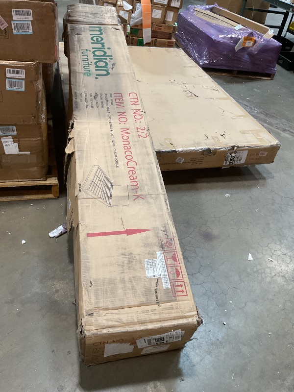 Photo 1 of **2 BOXES. WILL NEED A TRUCK FOR PICKUP. ONE PIECE OF WOOD IS CHIPPED****Meridian Furniture MonacoCream-K Monaco Collection Modern | Contemporary Boucle Fabric Upholstered King Bed with Solid Wood Natural Wire Brush Finish, 81.5" W x 87.5" D x 52" H, Crea