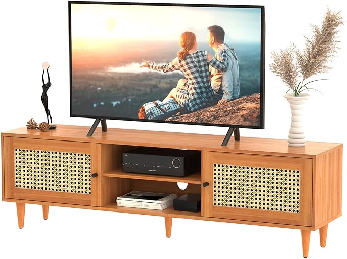 Photo 1 of **MINOR DAMAGE TO CORNER**EasyCom Rattan TV Stand for 65 inch TV, Farmhouse Rattan Entertainment Center with Storage and Open Shelves, Mid Century Modern Entertainment Center with Natural Rattan Door