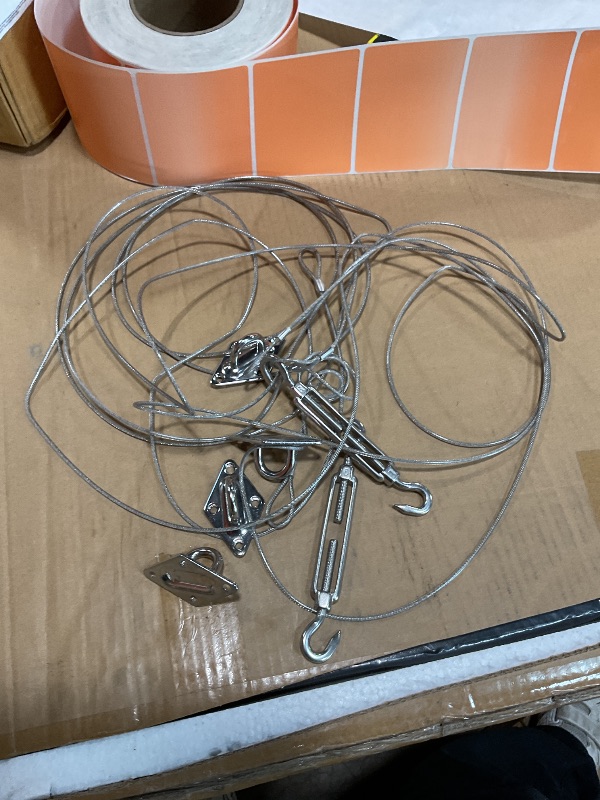 Photo 1 of **SELLING FOR PARTS AS PARTIAL SET. **COOLYARD Shade Sail Hardware Kit with Cable Wire Rope,48 Ft (12Ftx4) Vinyl Coated Aircraft Cable,6 Inch Hanging Kit for Outdoor Curtain String Light Sun Shade Sails Installation