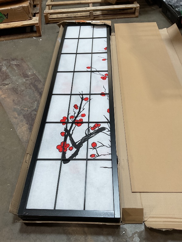 Photo 1 of **DENT DAMAGE **Roundhill Furniture Black Japanese 4-Panel Screen Room Divider, Plum Blossom