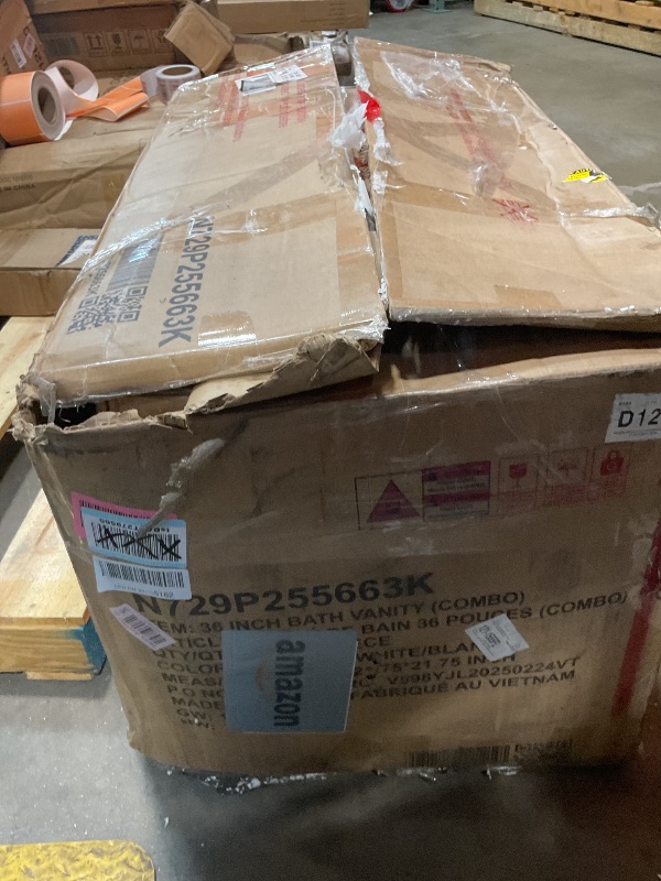 Photo 1 of **SELLING FOR PARTS AS PARTIAL SET. MISSING MAIN TOP SINK PIECE. TRANSPORT DAMAGE**36 in. Bathroom Vanity with Sink Combo One Cabinet and Three Drawers Solid Wood and MDF Board in White