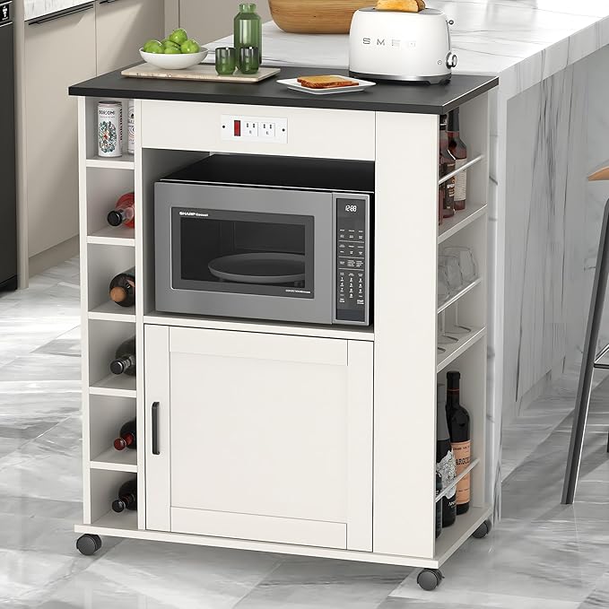 Photo 1 of **MINOR TRANSPORT SCRAPES**VECELO Rolling Kitchen Island Cart with Large Storage, Microwave Stand, Open Shelves, Wine Rack, Power Outlet, Bar Cabinet for Dining Room, Living Room, White