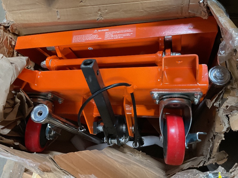 Photo 1 of **MINOR USE WEAR. COVER IS BENT**VEVOR Hydraulic Lift Table Cart, 330lbs Load Capacity 50 Inch Lifting Height, Manual Single Scissor Lift Table with Non-Slip Pad and 4 Wheels, Hydraulic Scissor Cart for Material Handling, Orange