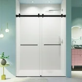 Photo 1 of **DOOR ONLY. MISSING INSTALLATION  HARDWARE**56-60" W x 76" H Frameless Double Sliding Shower Door, Water Repellent Black Shower Doors 3/8" (10mm) Clear Tempered Glass Matte Black Towel Bars