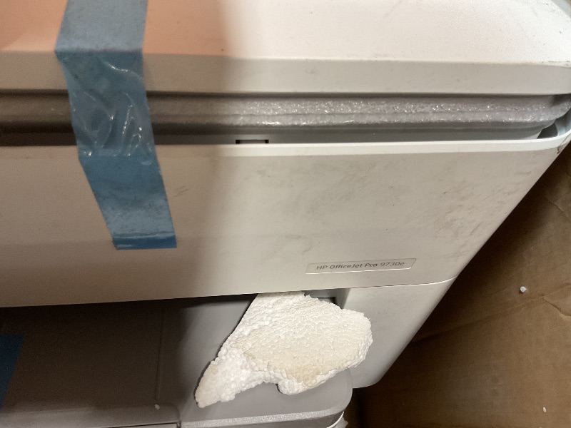 Photo 1 of **PRINTER ONLY. MISSING POWER CORD AND ACCESSORIES. DIRT DAMAGE**HP OfficeJet Pro 9730e Wide Format Wireless All-in-One Color Inkjet Printer, Print, scan, Copy, ADF, Duplex Printing Best-for-Office, 3 Month Instant Ink Trial Included, AI-Enabled (537P6A)
