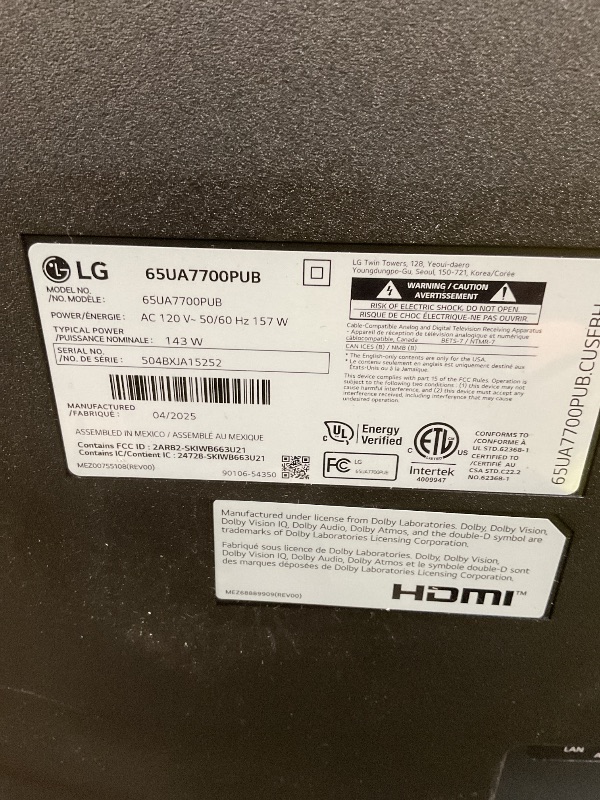 Photo 1 of **SELLING FOR PARTS**LG 65-Inch Class UHD AI 4K UA77 Series Smart TV w/AI Sound Pro, HDR10, 4K Super Upscaling, Filmmaker Mode, Wow Orchestra, Compatible with Alexa (65UA7700PUB, 2025)