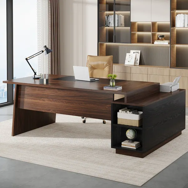 Photo 1 of ****CABINET ONLY****78-Inch L-Shaped Executive Desk with File Cabinet for Home Office - Walnut/Black