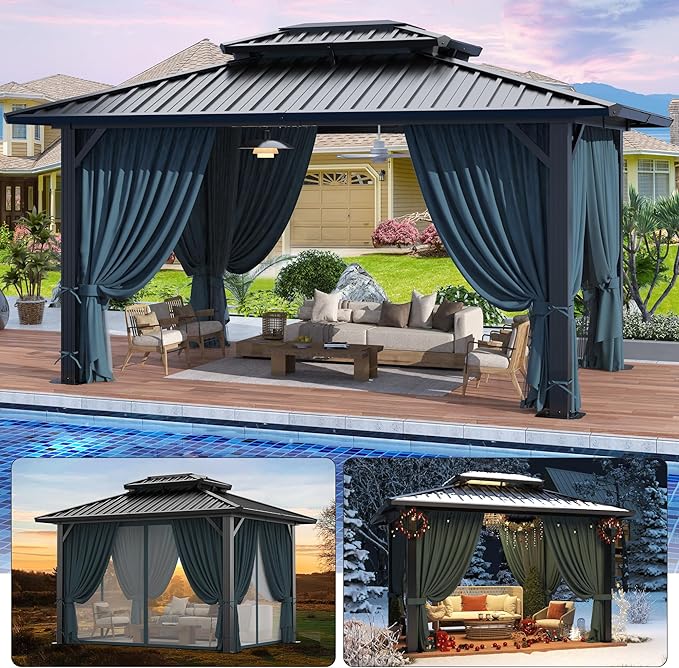 Photo 1 of *HARDWARE NOT INLCUDED* HOTEEL 10x12 Hardtop Gazebo Hot Tub Gazebo with Flame-Retardant Curtain Netting, Heavy Duty Pavilion with Galvanized Steel Double Roof, Aluminum Frame Outdoor Canopy for Patio and Party