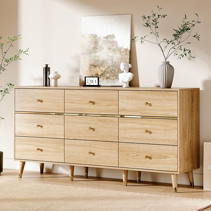 Photo 1 of 9 Drawer Dresser,63" Wide Mid Century Modern Chest of Drawers,Wooden Bedroom Drawer Dresser with 9 Storage Drawers for Bedroom, Living Room,with Anti-Tipping Device,Natural