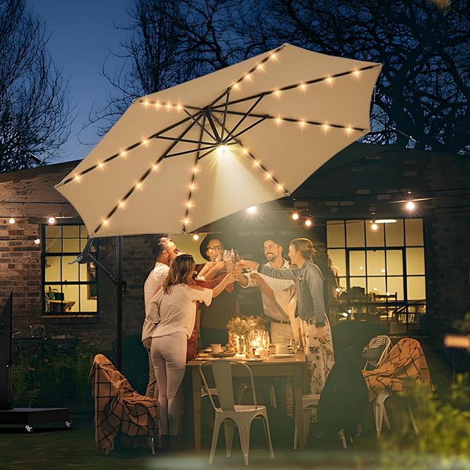 Photo 1 of 10 ft Offset Patio Umbrella with Solar Lights, 32 LED+1 Spotlight, Large Cantilever Umbrella Outdoor Patio