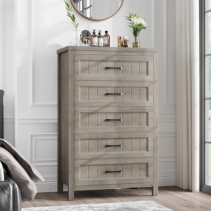 Photo 1 of 5 Drawer Dresser for Bedroom - Tall Chest of Dresser with Spacious Storage, Solid Wood Construction for Living Room, Hallway & Entryway - Gray