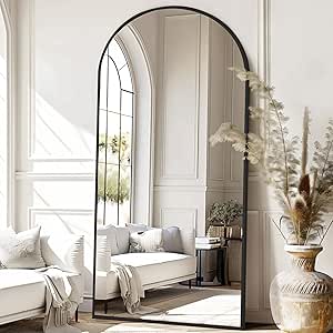 Photo 1 of 76"X34" Large Arched Floor Mirror Full Length with Stand, Black Hanging or Leaning Standing Full Length Mirror for Bedroom Living Room Gym, Full Body Mirror Wall Mounted, Tempered Glass
