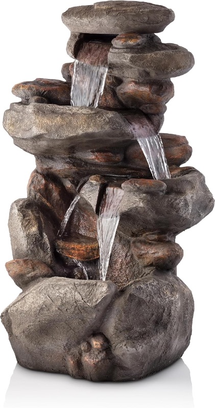 Photo 1 of Alpine Corporation WIN316 40" Floor Fountain – 4-Tiered Rock Water Feature with Cascading Streams & White LED Lights – Tranquil Outdoor Décor for Garden, Patio, Yard, Deck, or Porch, Light Gray