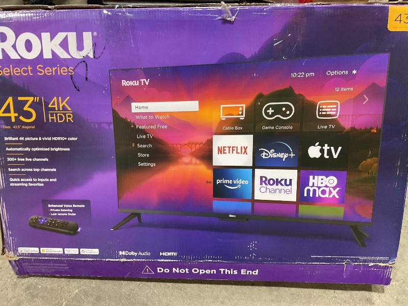Photo 1 of ****CRACKED SCREEN TELEVISION IS FOR PARTS ONLY**** Roku Smart TV – 43-Inch Select Series 4K HDR RokuTV with Roku Enhanced Voice Remote, Brilliant 4K Picture, Automatic Brightness, & Seamless Streaming – Live Local News, Sports, Family Entertainment