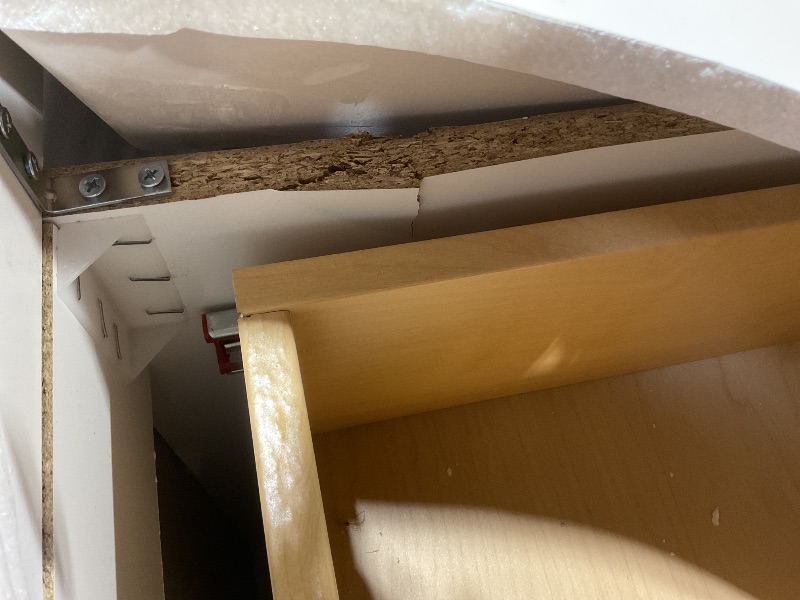 Photo 1 of **SELLING FOR PARTS. MAJOR DAMAGE TO SINK** Mill Cabinets Emlyn 48 Inch Bathroom Vanity with White Single Sink Top, 3 Cabinets, 2 Shelves, 2 Drawers, 48.5" W x 18.75" D x 32.89" H, Deep Blue