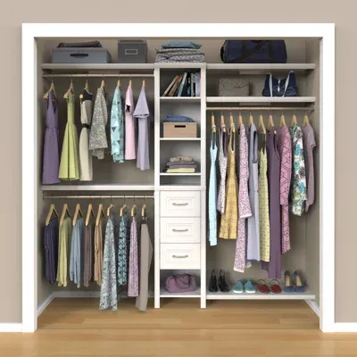 Photo 1 of losetMaid SuiteSymphony Wood Closet Organizer Starter Kit with Tower and 3 Hang Rods, Shelves, Adjustable, Fits Spaces 4 – 9 ft. Wide, Engineered Wood, Pure White, 16"