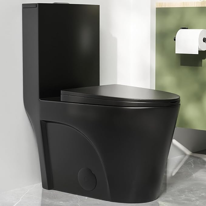 Photo 1 of DeerValley Elongated One Piece Toilet with 17'' Comfortable Seat Height ADA Toilet, Black Dual Flush Toilet with Soft Close Seat, High Efficiency 1.1/1.6 GPF 12'' Rough-In